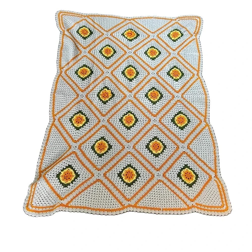 Handmade Crochet Afghan Blanket 60x45 3D Yellow Orange Floral Granny Throw